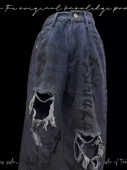 Raw Hem Punk Jeans Blau Distressed Holes