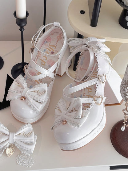 Block Heels Schnallen Hohe Schleife Abnehmbare Crisscross Design Weiß Top Herz bei