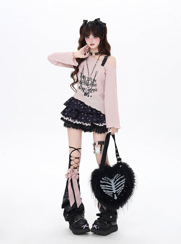 Top Pink/Black Strap Graphic Asymmetrical Neckline PU Buckle