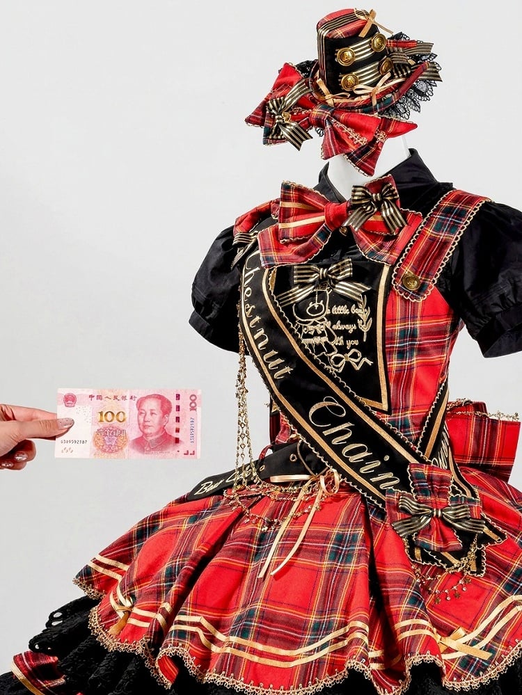 Red Idol Lolita Plaid JSK Dress with Golden Bear Embroidery and Black Scalloped Hem - LiLi Chain