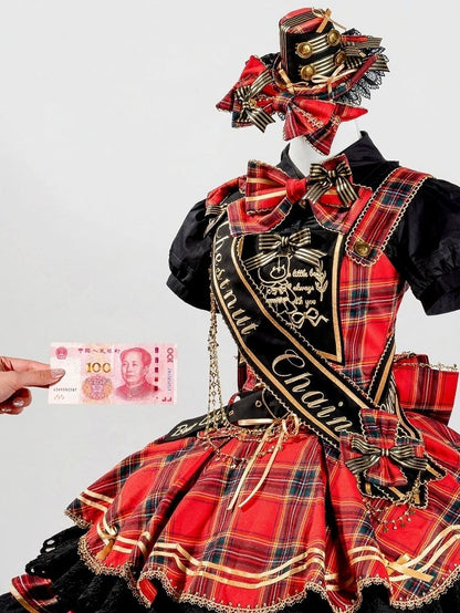 Red Idol Lolita Plaid JSK Dress with Golden Bear Embroidery and Black Scalloped Hem - LiLi Chain