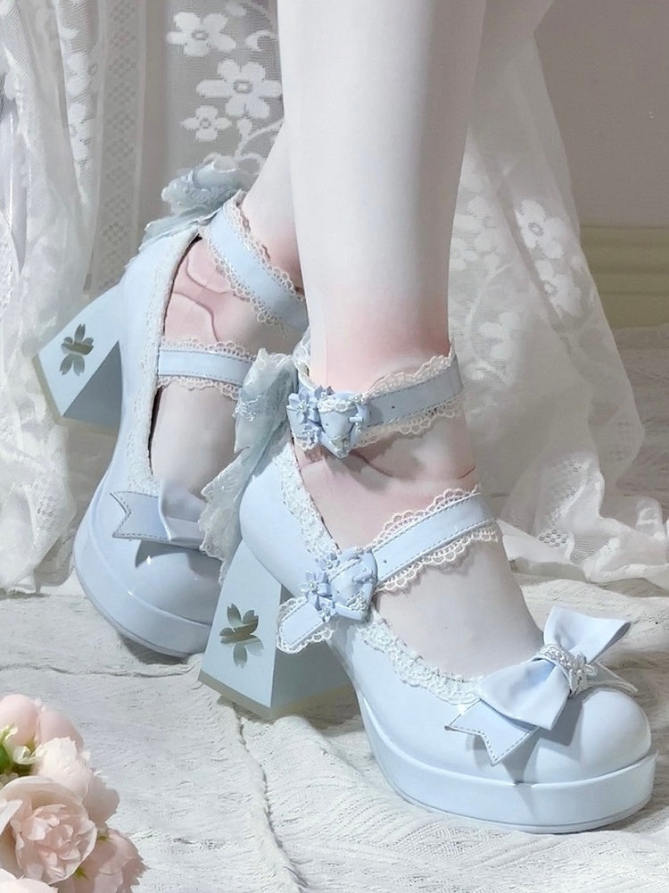 with Design Romantic Clasp in High Heels PU Openwork Lolita Sweet Floral Block Blue Heel