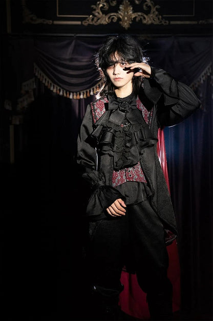 Black and Red Prince Outfit Ouji Lolita Full Set - Black Long Sleeves Shirt + Waistcoat + Black Pants