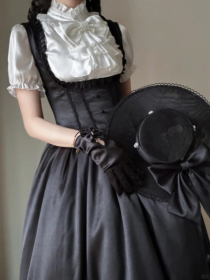 Black Satin Basque Waist Under Bust Classic Lolita JSK - Alice in Wonderland Lolita