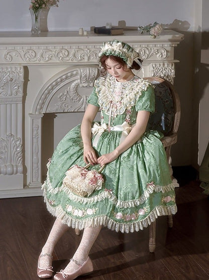 Floral Embroidered Green Lolita OP Gown with Scalloped Lace Hem