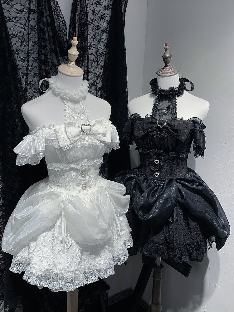 Rock mit Kordelzug in Schwarz/ Jirai Kei Abnehmbares Neckholder-Kleid-Design in Weiß