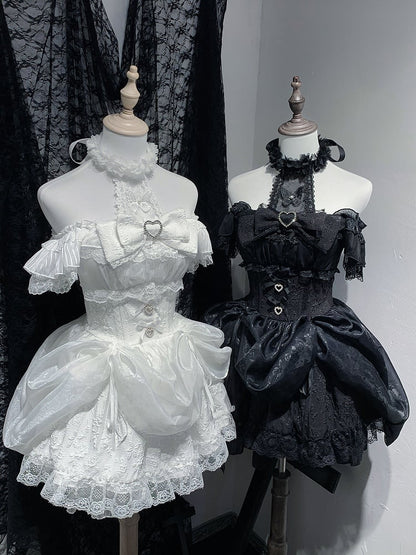 Skirt Drawstring Black/ Jirai Kei Detachable Halter Neck Dress Design in White