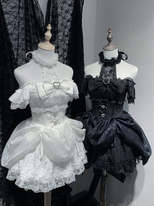 Skirt Drawstring Black/ Jirai Kei Detachable Halter Neck Dress Design in White