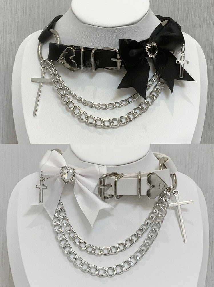 Black Bowknot Rhinestone Cross Buckle Choker with Double Layered Chain