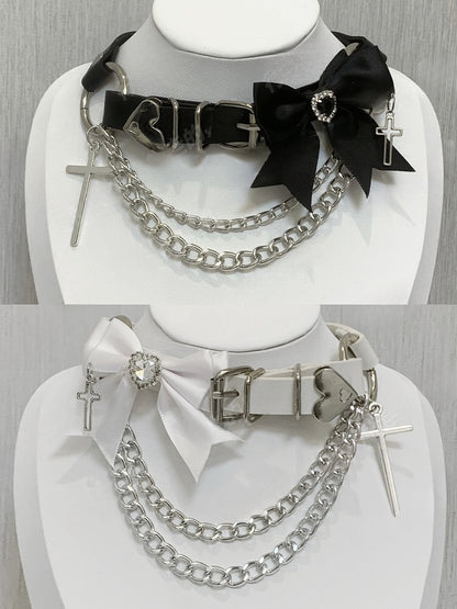 Black Bowknot Rhinestone Cross Buckle Choker with Double Layered Chain