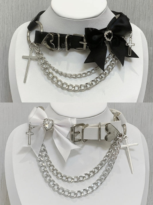 Black Bowknot Rhinestone Cross Buckle Choker with Double Layered Chain
