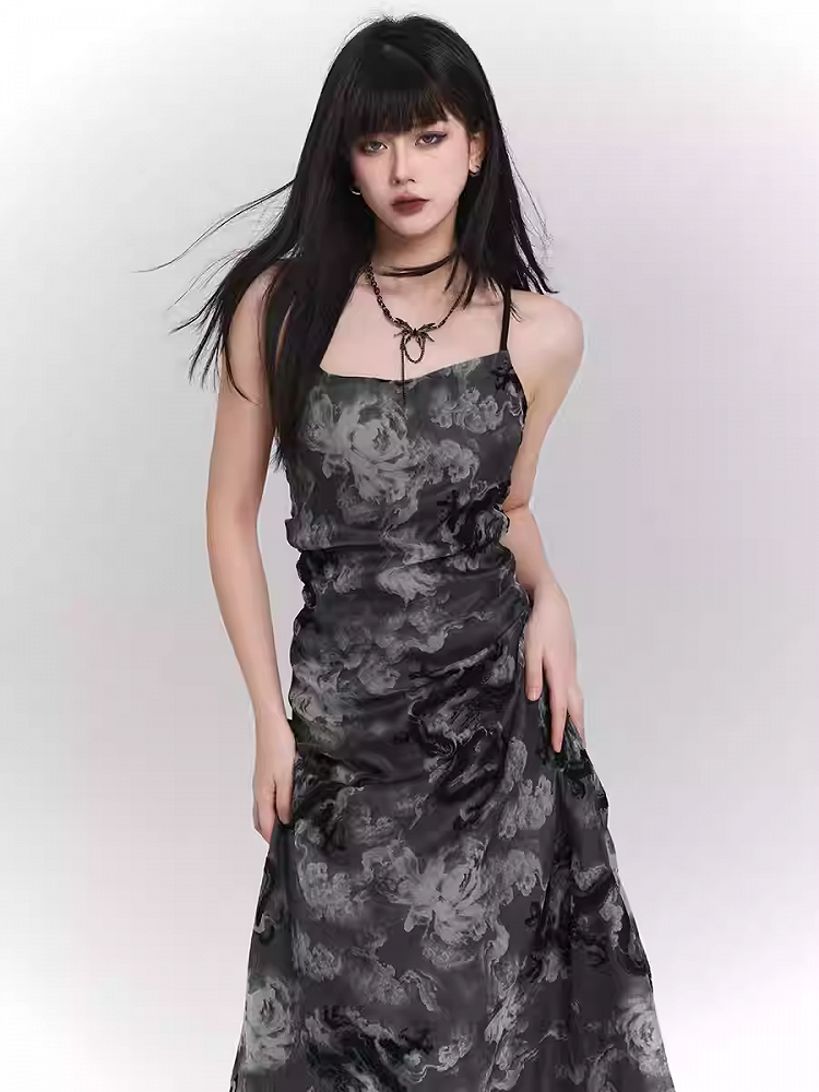 Black and Gray Dragon Print Backless/Covered-Back Slip Dress