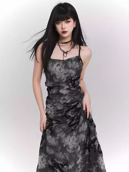 Black and Gray Dragon Print Backless/Covered-Back Slip Dress