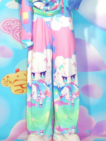 Y2K ストレートレッグ カラフルプリント カートゥーンパンツ カット