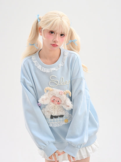 Yume Kawaii Blaues Plüsch-Lamm-Sweatshirt mit Blumenmuster