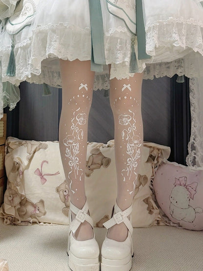 Floral Bow Print White Sheer Tights - Alcatraz Island