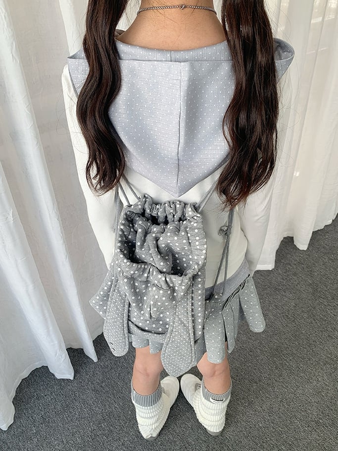Hooded Patchwork Wings White Y2K Rhinestone Polka Top Dot Design with Two-piece