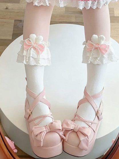Bunny-Ear Lace Lolita Mid-Calf Socks with Bows, 3 Hues - Milkcat Studio