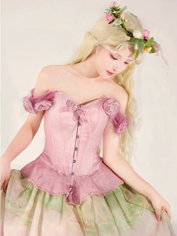 Korsagen-Top mit abnehmbarem Blumenschmuck, Saumvolant, Rosa