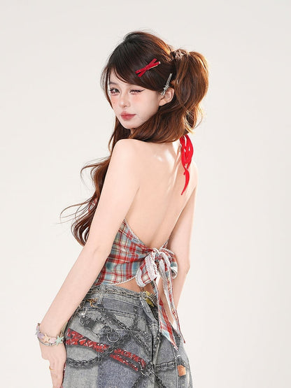 セルフタイネックバック、バックレストップ、リボン、レッドチェック柄ホルターネック