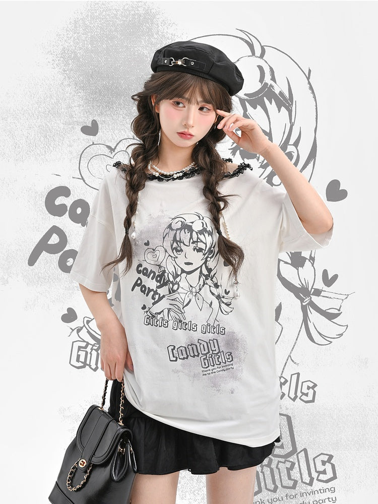 Y2K Black/White Ruffled Lace Trim Neckline T-Shirt Shoulder Cutout Girl Print Cotton
