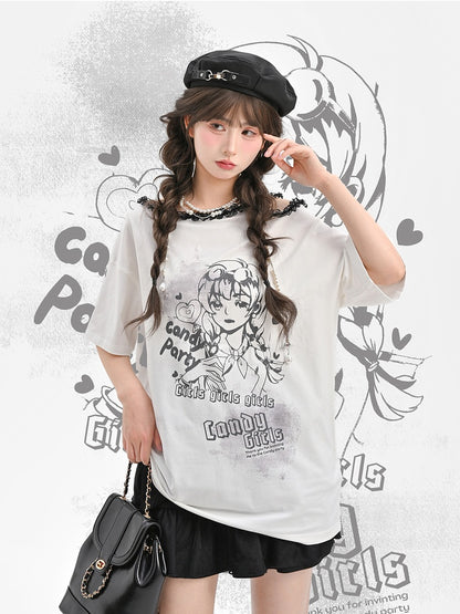 Y2K Black/White Ruffled Lace Trim Neckline T-Shirt Shoulder Cutout Girl Print Cotton