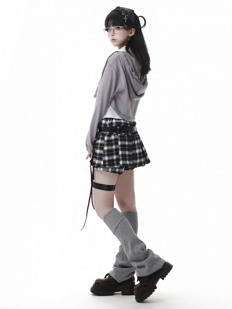 Y2K Lace-up Black Detail Plaid Skort with Buckle Belt and Chain White/ Khaki