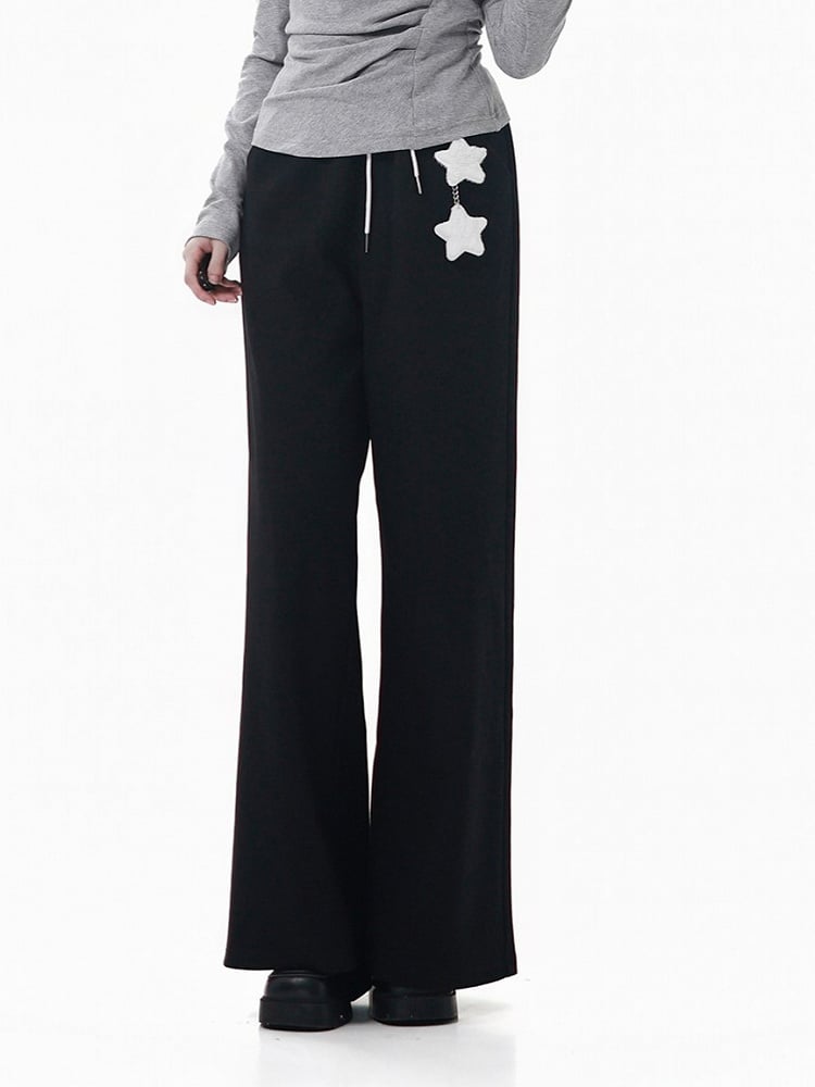 Waist Drawstring Version Straight-Leg Accent Lining with Star Pants Black/Gray CharmWing Regular/Fleece