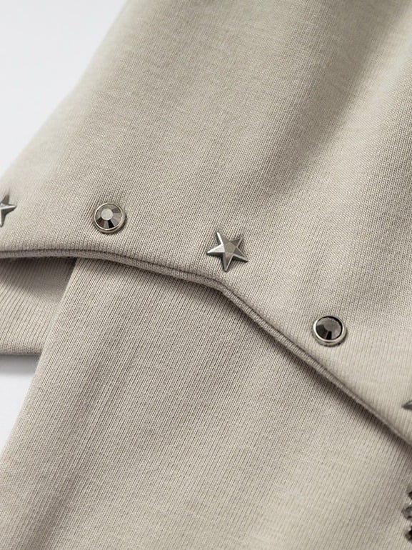 Beige-Grey Knit Short-Sleeve Top with Rhinestone Design - NO ROMANCE