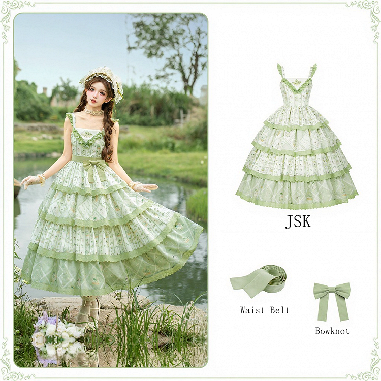 Flower Basket and Bunny Print Green Natural Kei Lolita Tiered JSK Dress - With PUJI