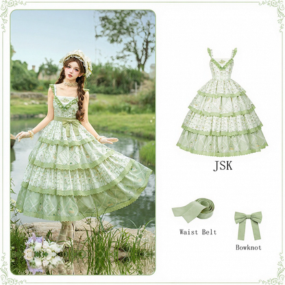 Flower Basket and Bunny Print Green Natural Kei Lolita Tiered JSK Dress - With PUJI