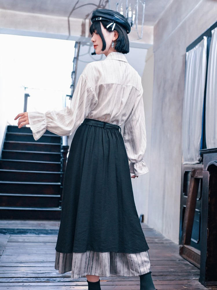 Cascading Hem Cheongsam Black Ruched with Ruffles Skirt Gothic Contrast
