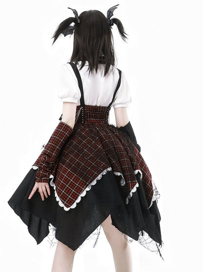 Dress Lolita Punk Red Black Plaid Overall Sleeves Detachable + Blouse Puff-Sleeve
