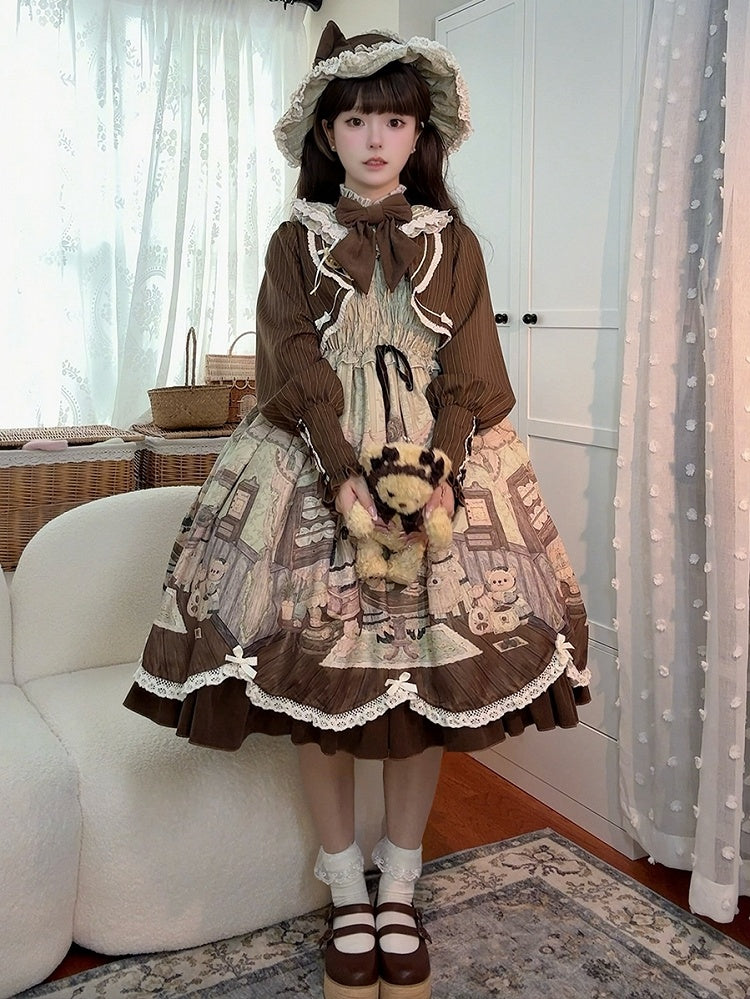 Drucken Lolita Zwei Teddy Haus Stücke Kleid Kaffee Design Lange Grüne Ärmeln