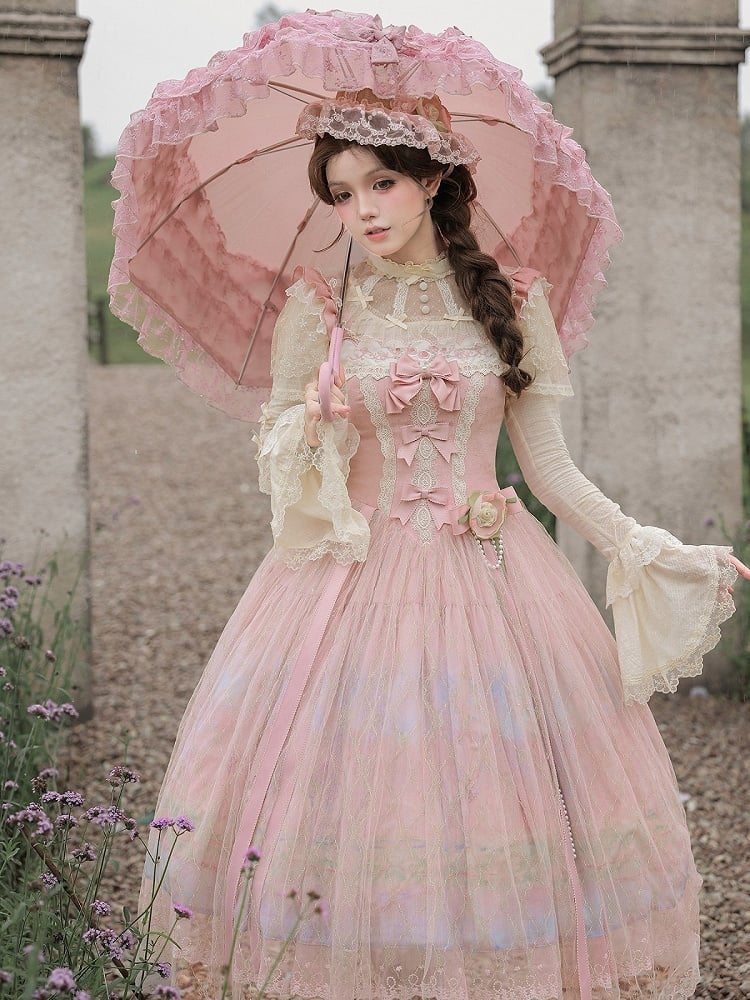 Beige Lolita Top with Bell Sleeves, Delicate Lace and Bow Accents - With PUJI