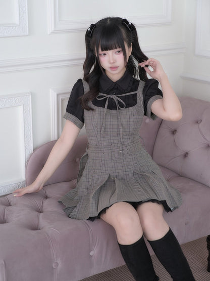 Black Jirai Kei Fake Two-Piece Plaid Short Sleeve Dress with Lace Detail and Belt - No Genki