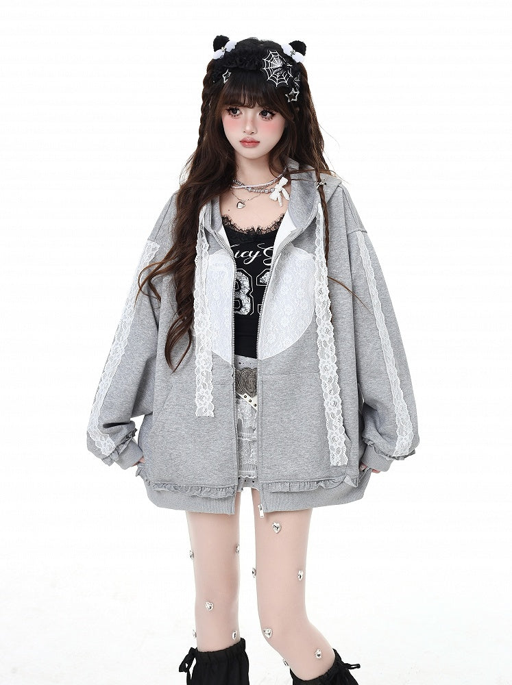 Light Gray Lace Applique Ruffled Trim Zip Closure Hoodie