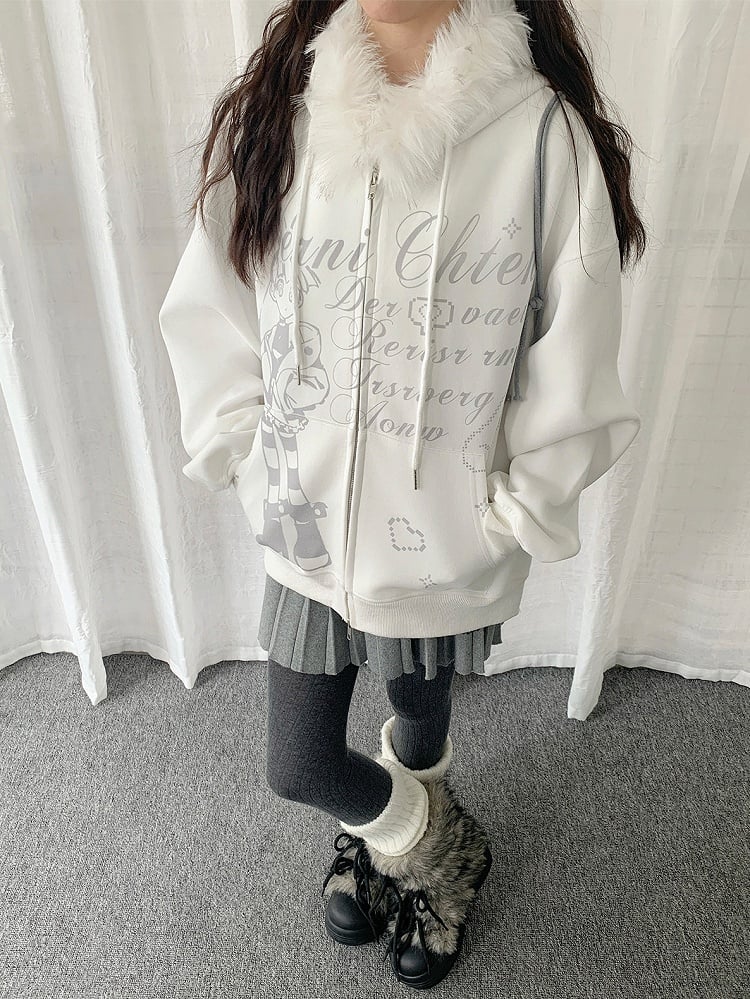 Haut à capuche blanc en peluche style Y2K avec bordure de veste