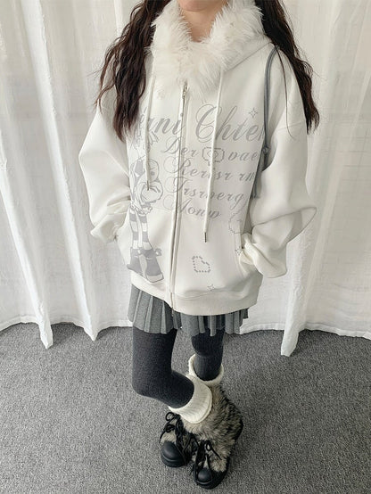 Haut à capuche blanc en peluche style Y2K avec bordure de veste
