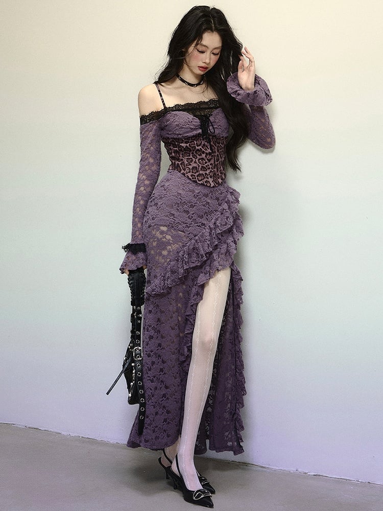 Purple Leopard Corset Bodice High Slit Flounce Hem Mermaid Skirt Off Shoulder Lace Dress Evening Gown