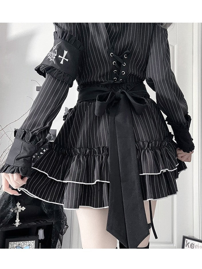 Ruffle Gothic Tie Front Topwith Long LacingBow Back Metal Black Eyelet Sleeve Trimmed
