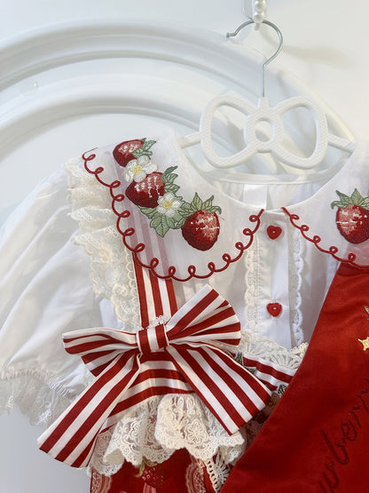 Strawberry Collar Embroidery Red Blouse White Sleeves Short