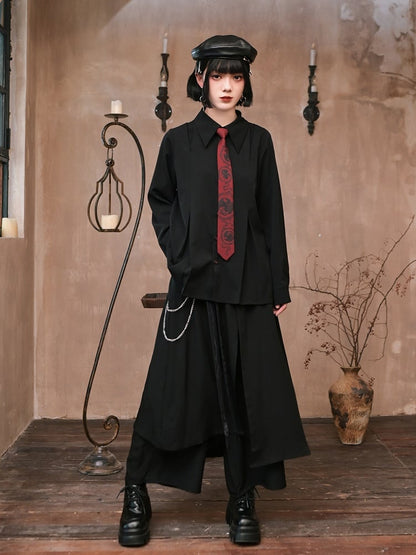 Shirt Long-Sleeve Gothic Contrast Placket Tie Pre-Tied Button Red with Black Cheongsam