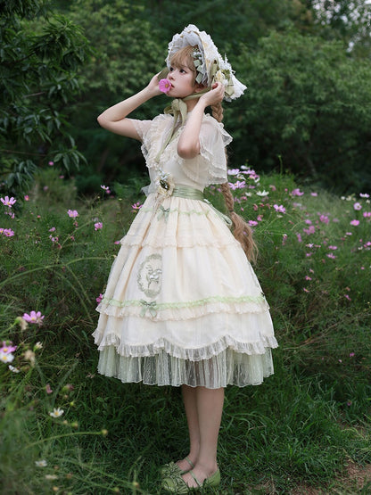 Flower Flat Hat Bow Decoration and Straw Green