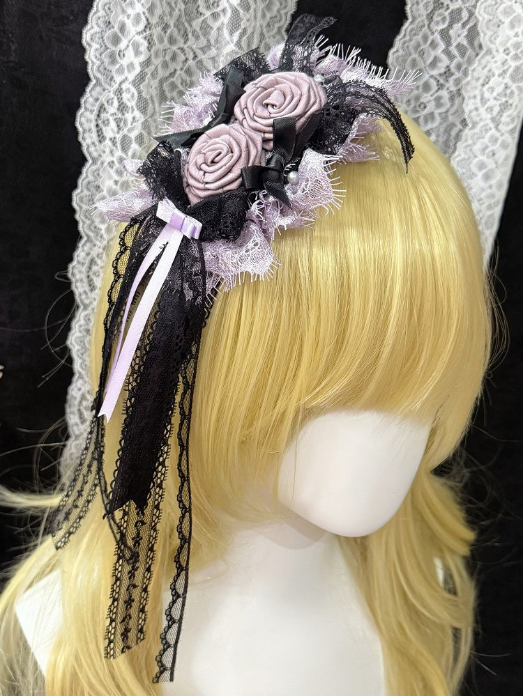 Details Bowknot Trim PurpleBlack Floral Lace Design Hairclip