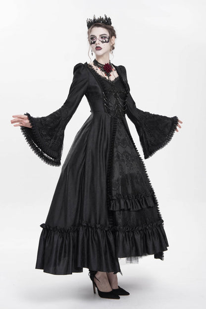 Black Long Sleeve Floral Embroidery Lace-Up Pleated Gothic Dress