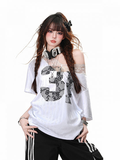 Black Lace Number Design White Asymmetrical Neckline Lace Patches Neckline Loose T-Shirt