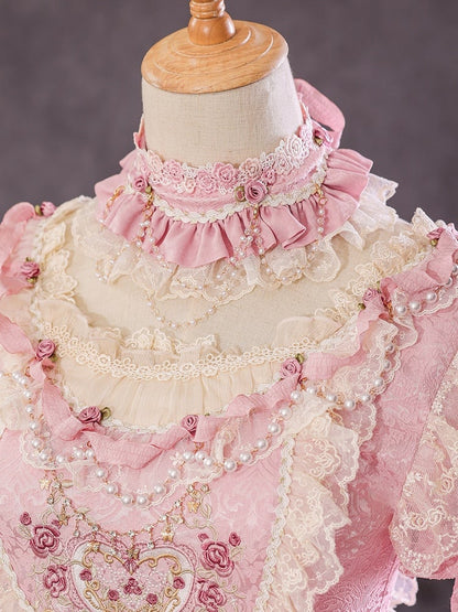 Rosa Hanayome Rosette Stickerei Blumen und Perlenkette Details Lolita OP Komplettset