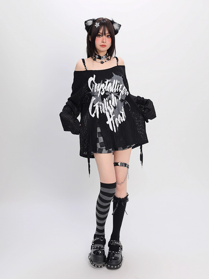 Y2K Schlitz Schwarz/Weiß Off-the-Shoulder Grafik Saum Ausschnitt Coverup