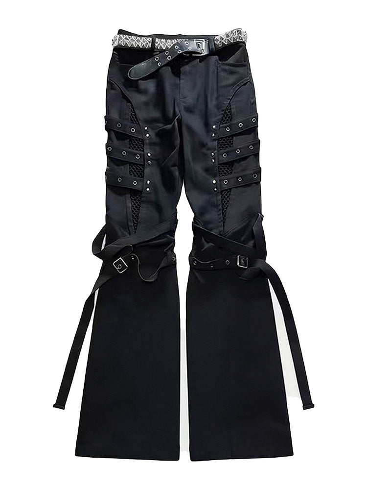 Black Batik Distressed Flared Jeans with Strap Accents - Nova nexus